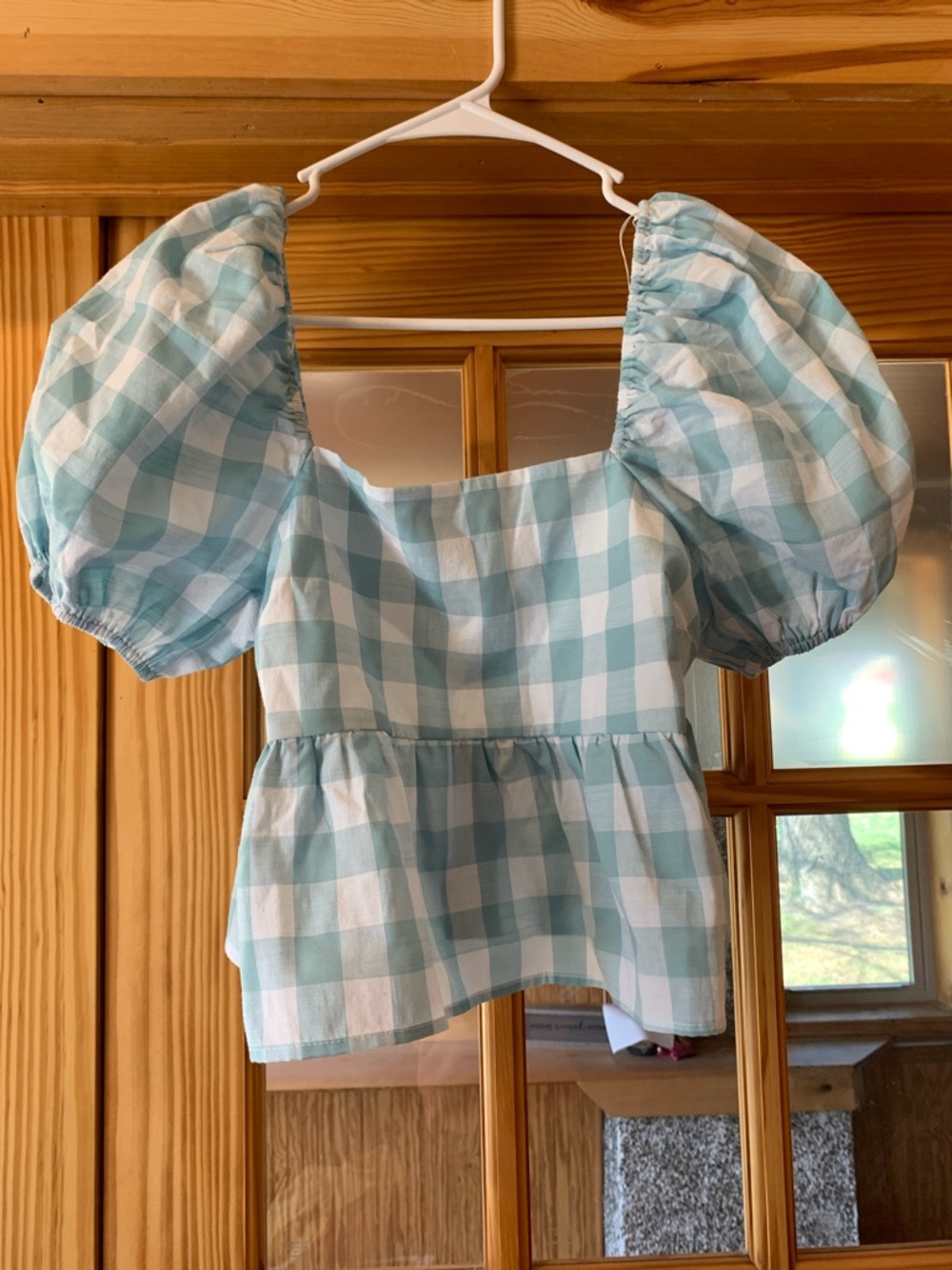 NWT ACOA Women’s Peplum Baby Blue Gingham Square Neck Puff Sleeve Blouse Top S